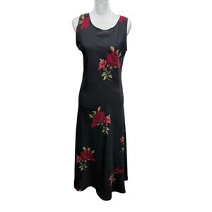 J.W. Treci Vintage 90s Midi Slip Dress Black Sleeveless Roses Lightweight Size 8